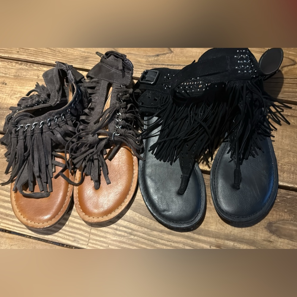 Fringe Sandals in Black and Brown